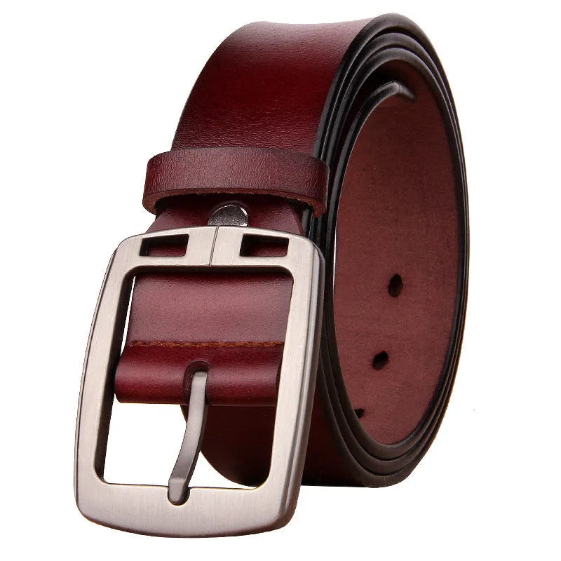 Genuine leather retro men's belt with alloy pin buckle, black colour, 120cm length, on plain background