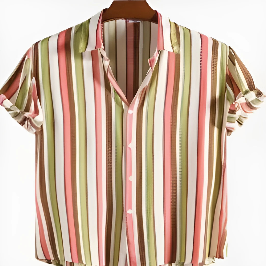 Men's digital printed short sleeve shirt in summer colours with pattern detail
