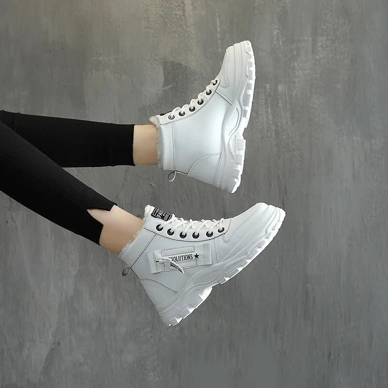 Fleece lace-up boots in black with high-top design, flat heel, and round toe. Artificial PU upper with short plush lining and waterproof platform.