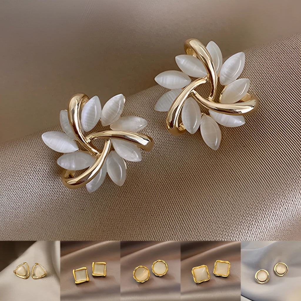 Opal cat's eye flower stud earrings in silver with geometric square and triangle design, Japanese Korean style