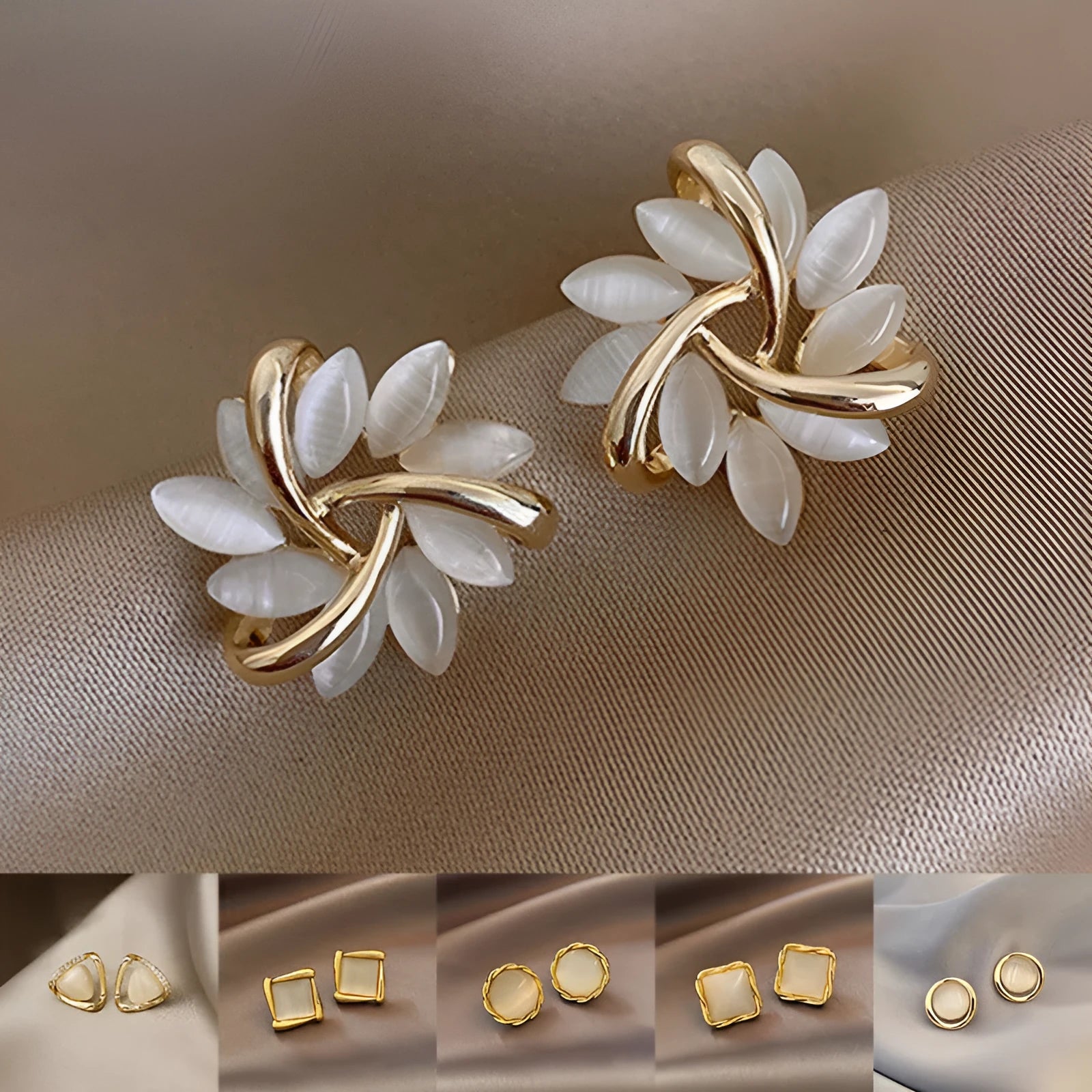 Opal cat's eye flower stud earrings in silver with geometric square and triangle design, Japanese Korean style