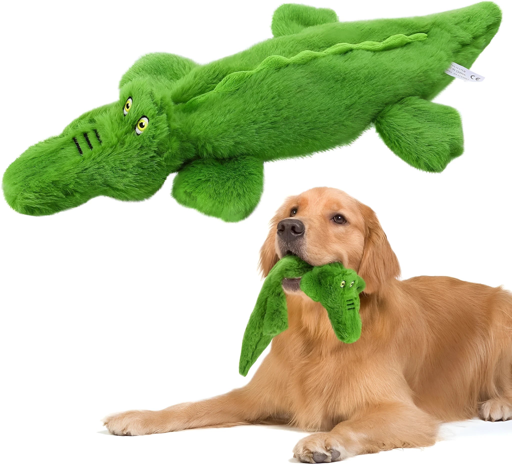 Green crocodile-shaped dog toy with squeaker in head and crinkle paper in tail