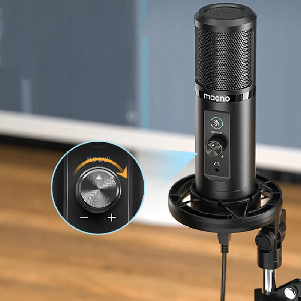 PM422 USB condenser cardioid microphone on a desk with shockproof frame and cantilever arm accessory set
