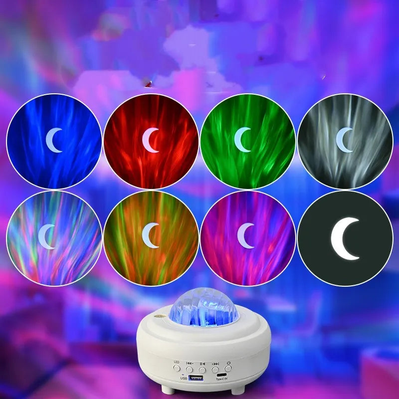 White galaxy star projector night light projecting blue star patterns on wall