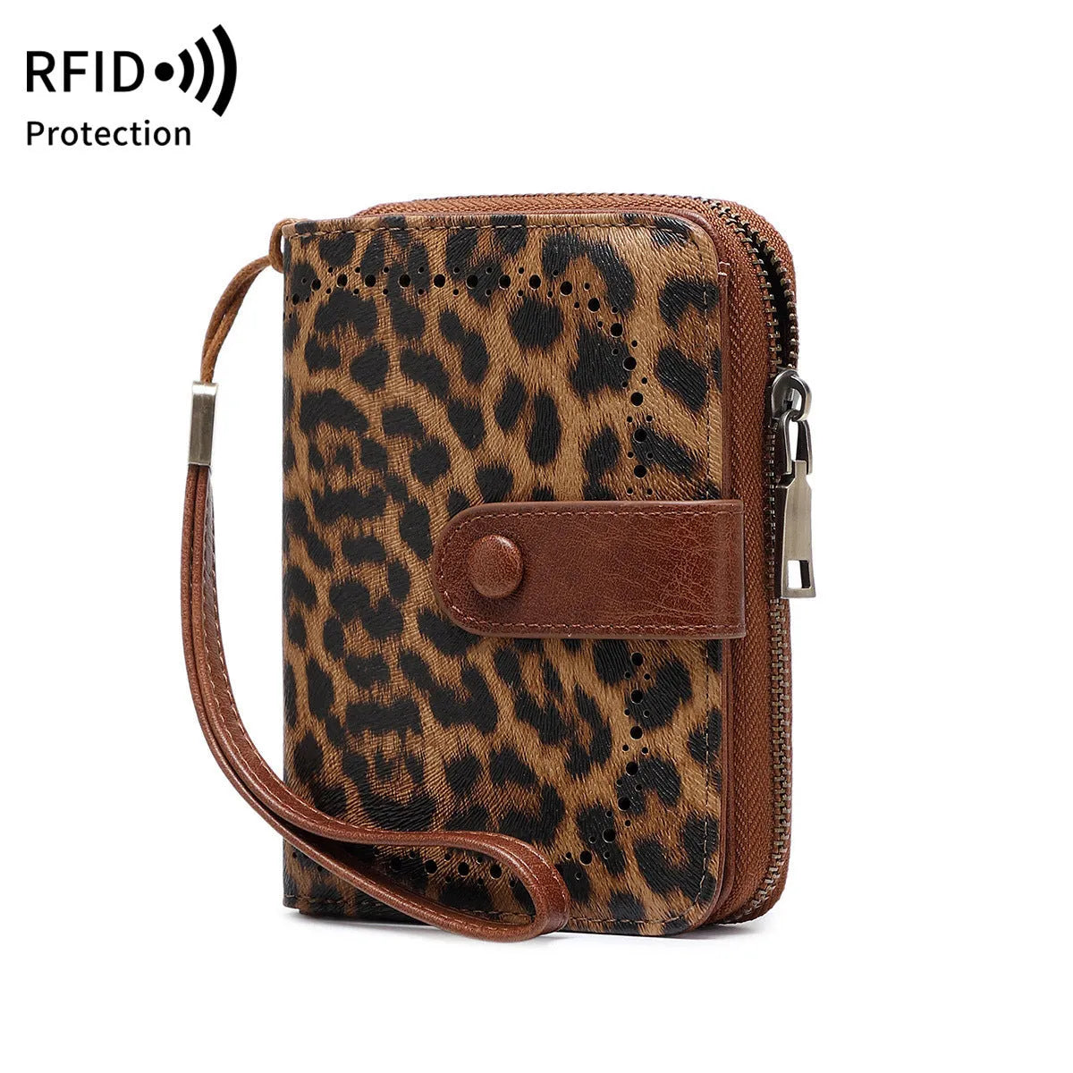 Leopard print small zip wallet with multifunctional compartments and retro design details