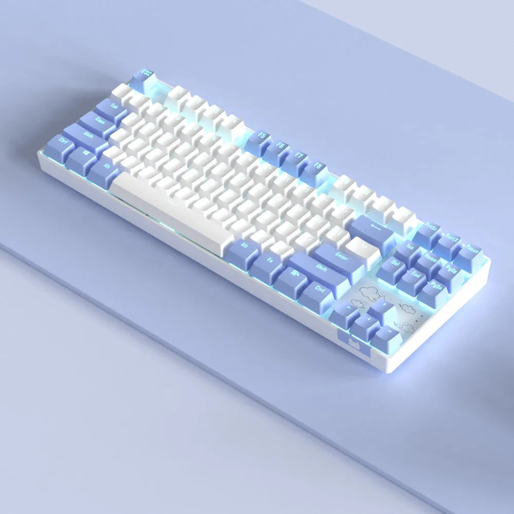 Wireless Bluetooth mechanical keyboard with metal board in purple-white or blue-white colour options