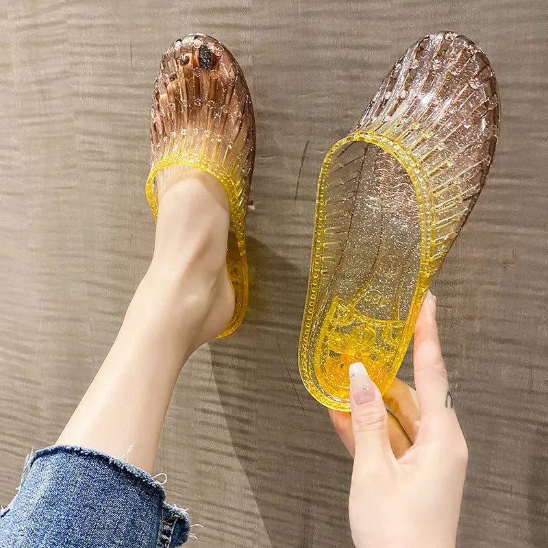 Fashion crystal women's toe-covered non-slip sandals in gradient colour with plastic upper and PVC sole