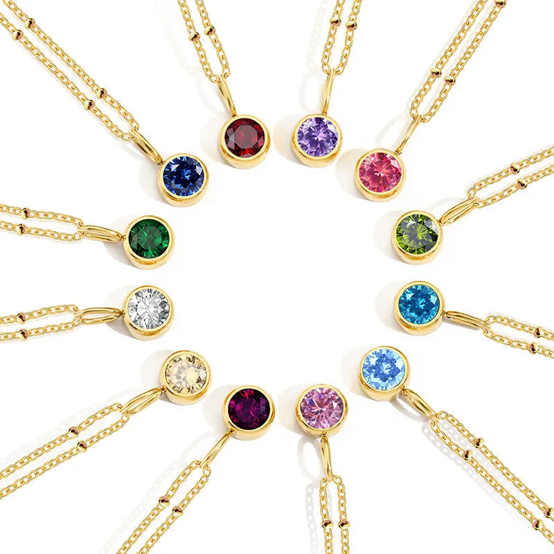 Women's round birthstone necklace on stainless steel ball bead chain, 38+5cm, shown in one of 24 colour options