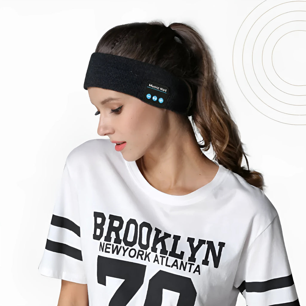 Bluetooth 5.4 wireless headband in black colour with removable washable design for sports and exercise