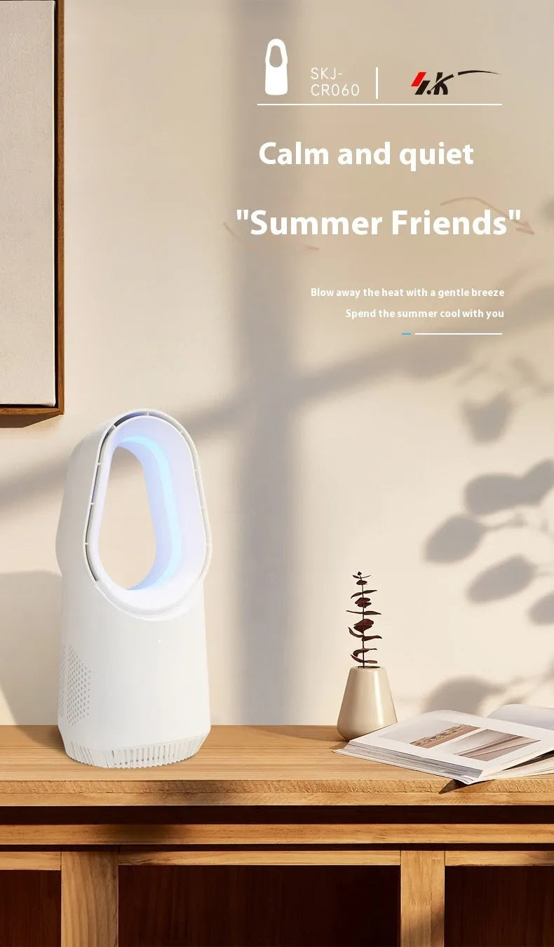 White bladeless tower fan with touch screen controls and remote for home or office use