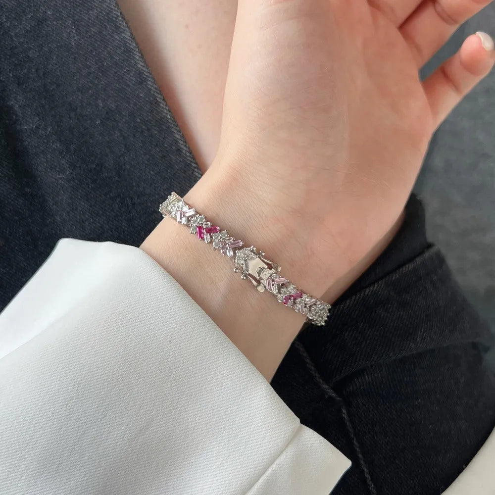 S925 sterling silver women's bracelet platinum colour with zirconium accents geometric round ring style 16cm size