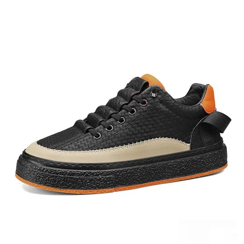 Men's elastic leather casual running shoes in beige – low top, round toe, rubber sole, size 42