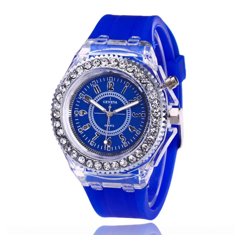 Geneva women's luminous quartz watch with 43mm alloy case and silicone strap in various colours