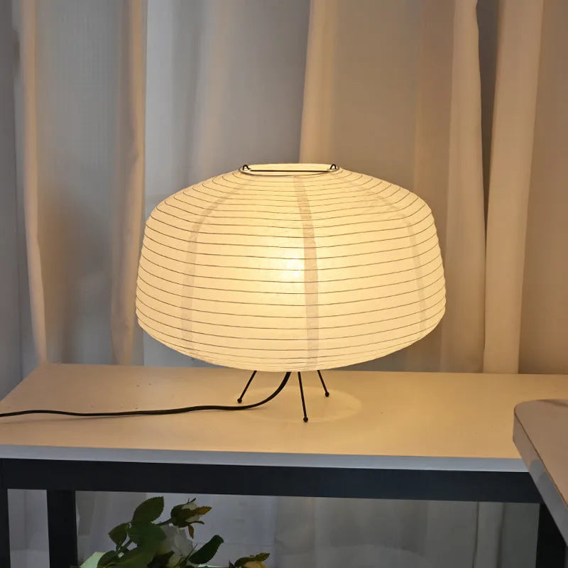 Japanese style Xuan paper table lamp, D39 x H32 cm, with three-colour light source, on a desk.