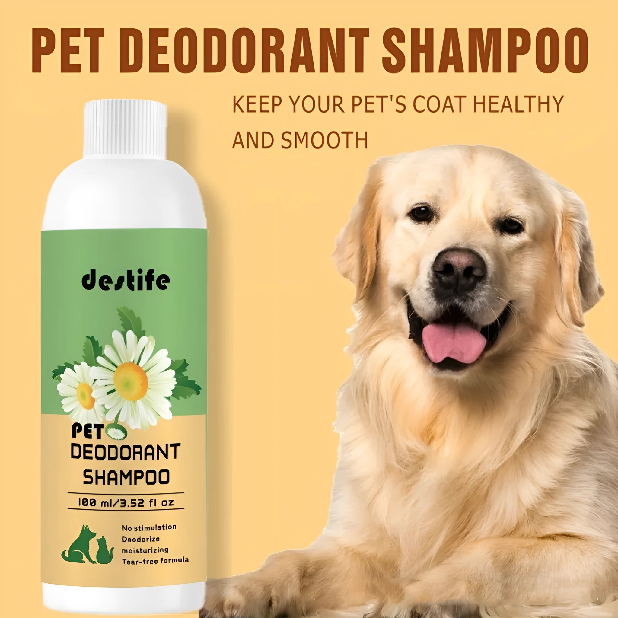 100ml bottle of pet shampoo and conditioner for dogs and cats with fragrance deodorant properties
