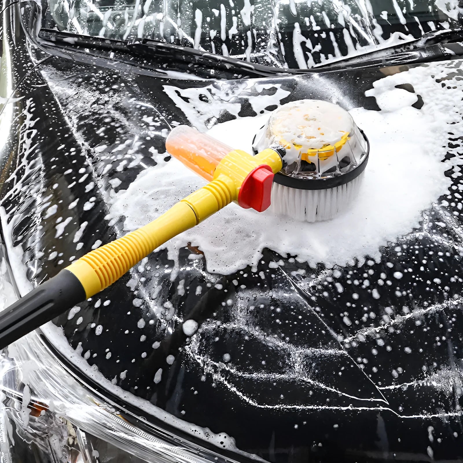 Yellow car wash mop cleaning tool with chenille brush head and water pipe connection