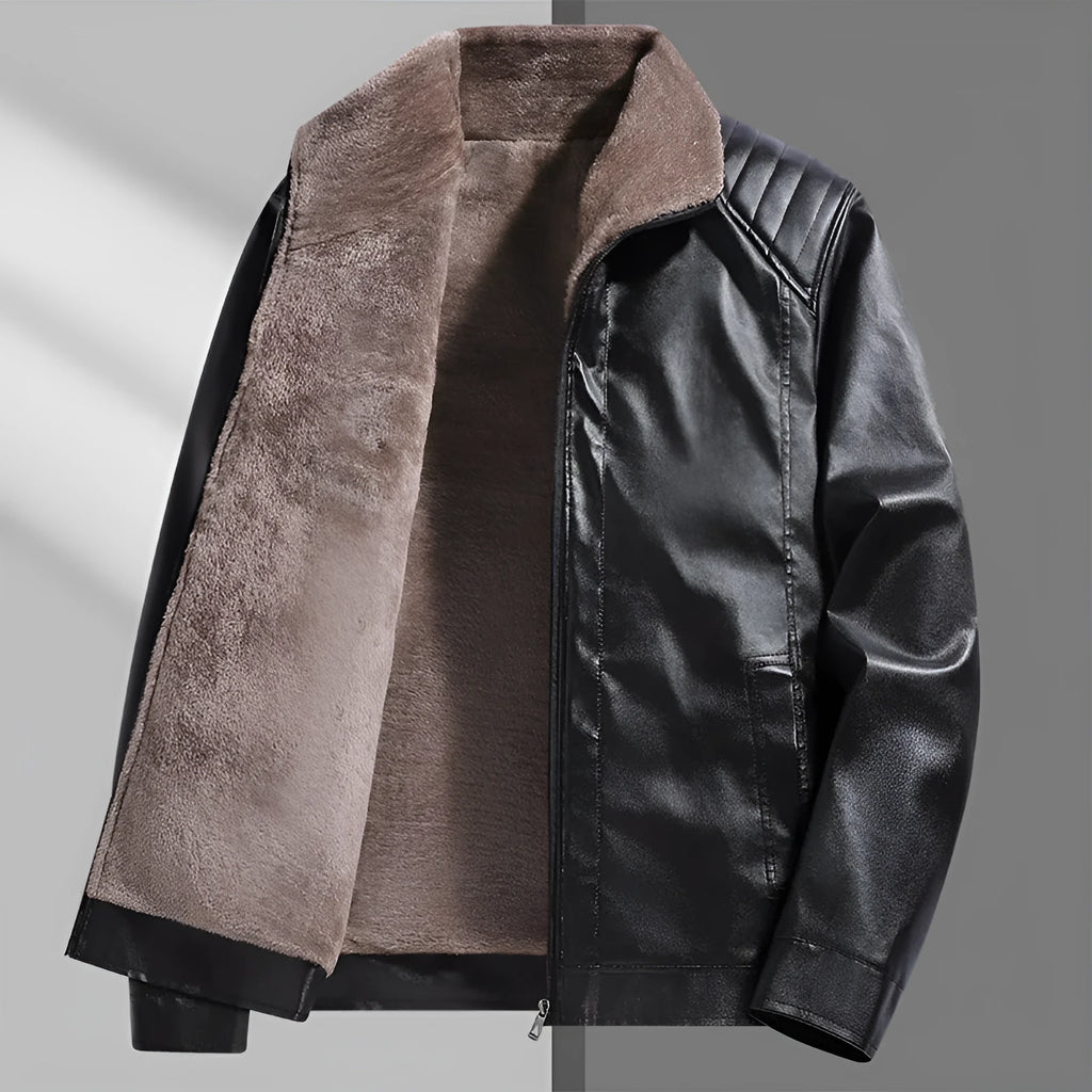 Fleece-lined thickened PU leather men's jacket in black, available in sizes M to 3XL