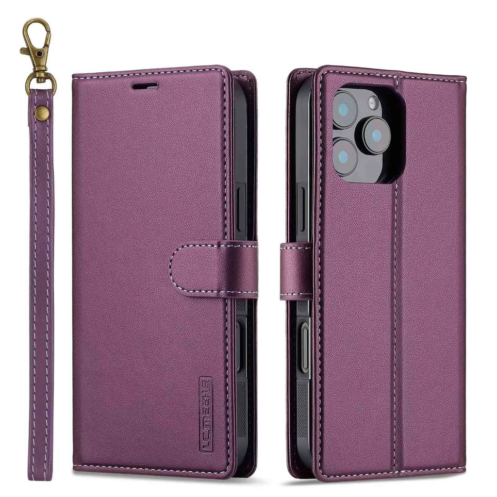 Black 2-in-1 flip phone case with card slot and lanyard for iPhone