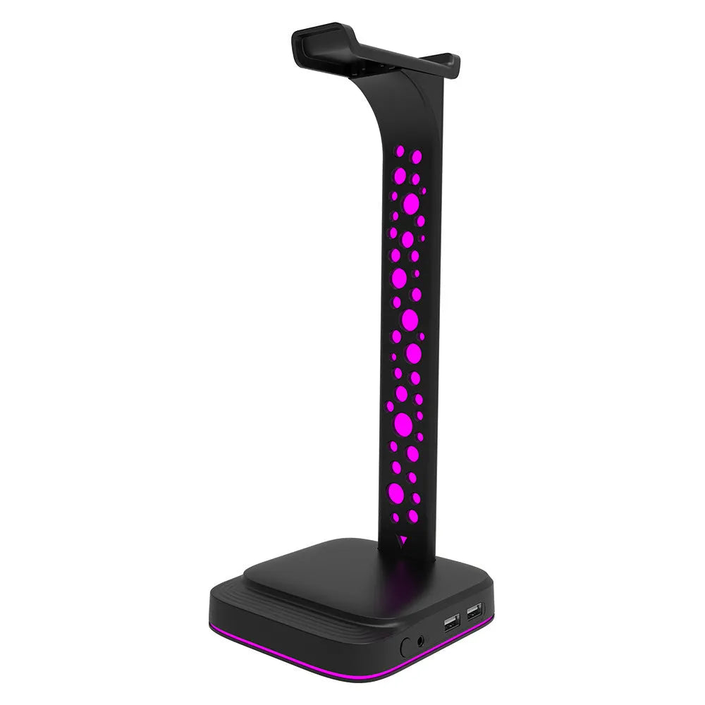 RGB headphone stand with glowing LEDs, dual USB ports, and a headset displayed on it.