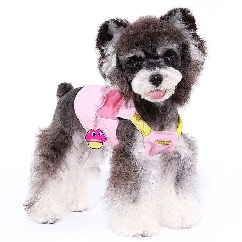 Pink polyester pet vest for small dog breeds on mannequin showing casual pull-on style