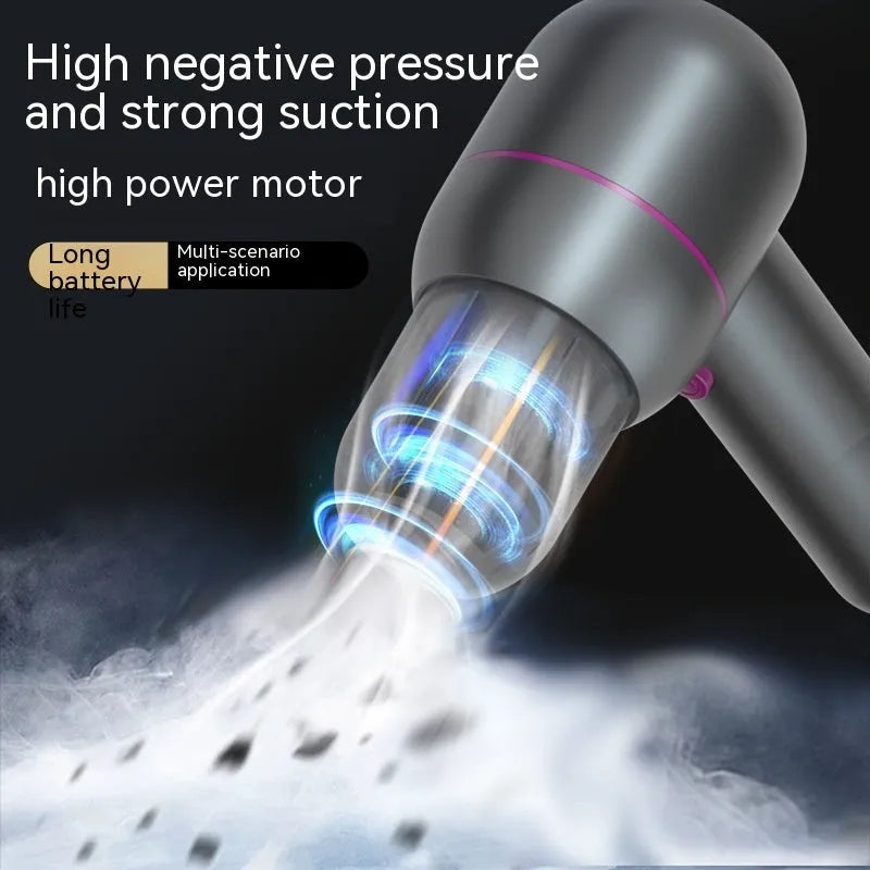 Portable handheld car cleaner vacuum in grey with brush nozzle and extended suction nozzle attachments