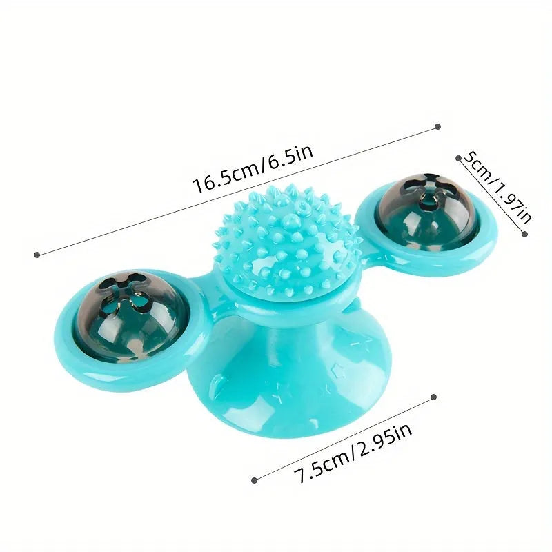 Windmill cat toy with suction cup, rotating spinner, LED ball, and catnip balls for indoor cats