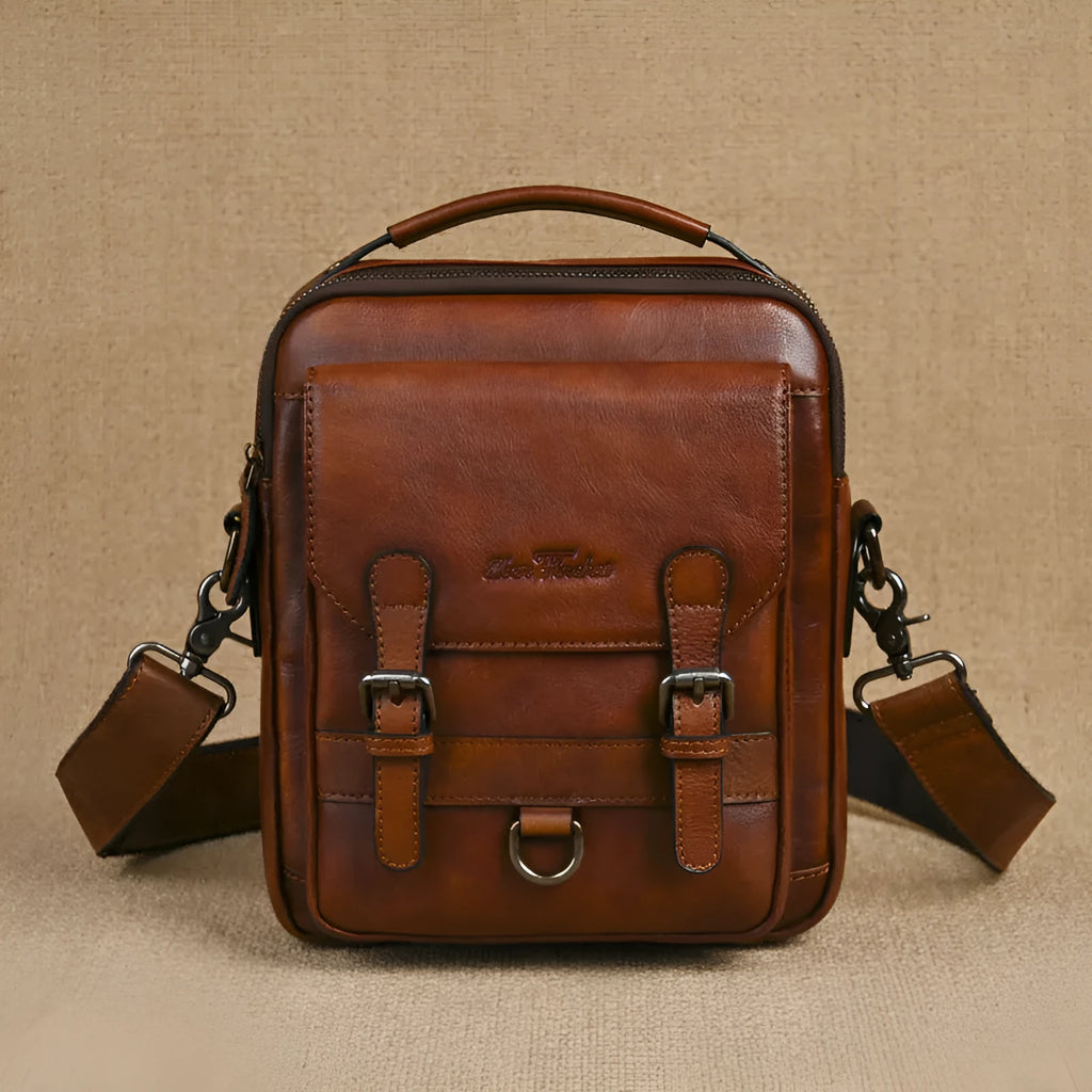 Genuine leather retro hand-rubbed top-grain cowhide shoulder bag for men light brown 8 inch