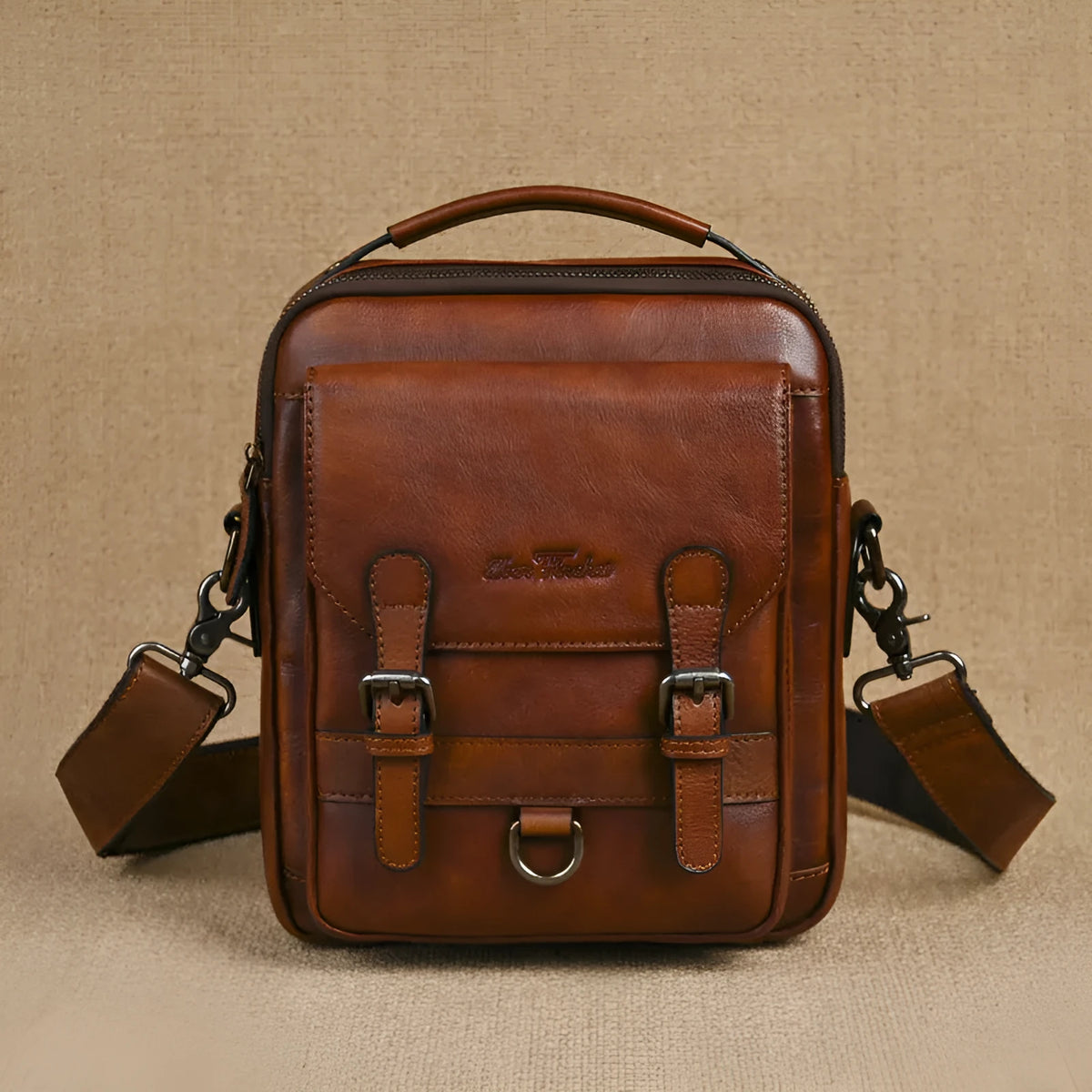 Genuine leather retro hand-rubbed top-grain cowhide shoulder bag for men light brown 8 inch