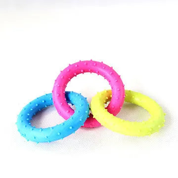 Three-chain TPR rubber dog molar toy for aggressive chewers shown in random colour