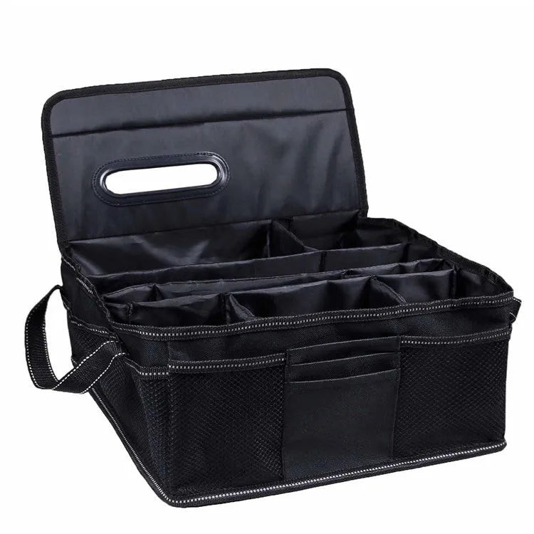 Black Oxford cloth car trunk storage box with reinforced handles and 33x33x16cm dimensions