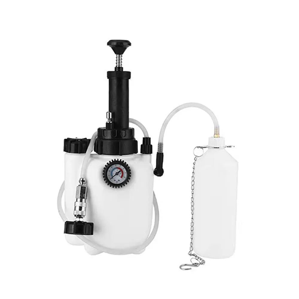 White 3-litre plastic brake fluid tank with copper and iron pump fittings for automotive service.