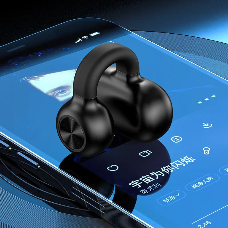 Black wireless Bluetooth bone conduction headset with clip-on design for exercise