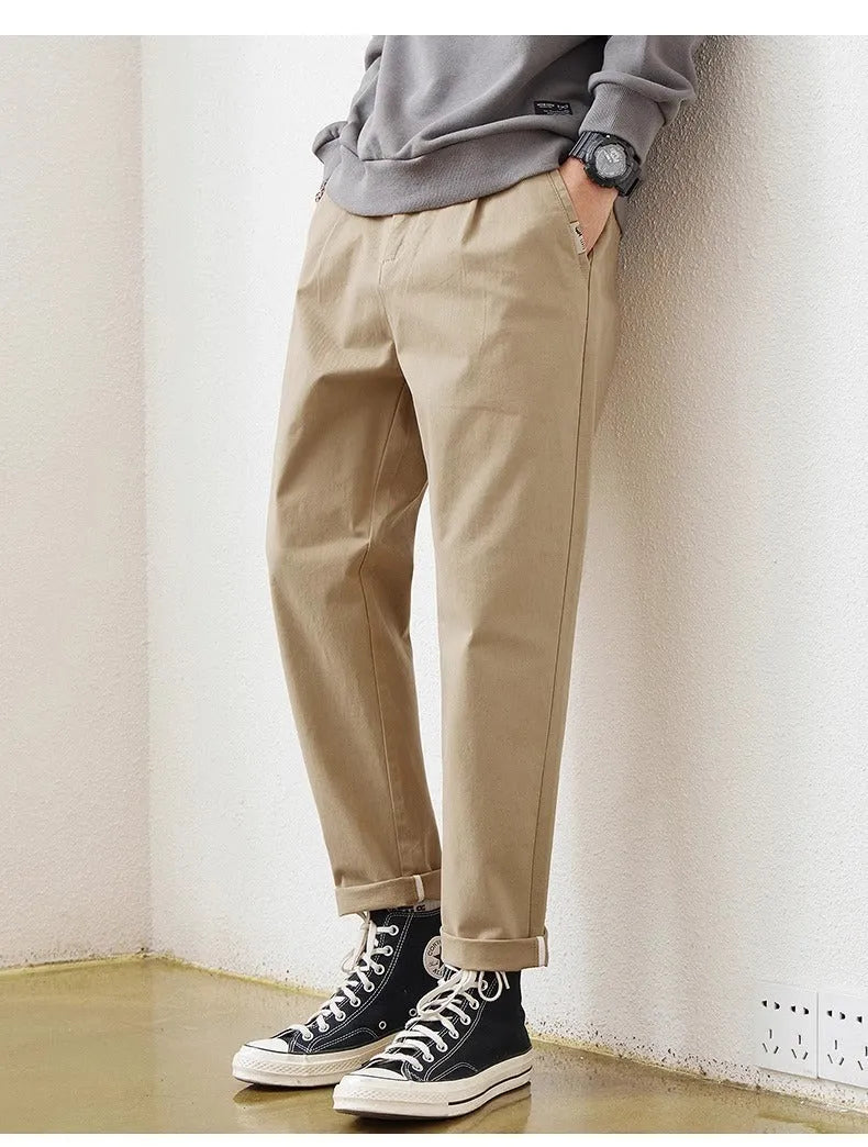 Men's loose wide-leg casual pants in dark gray, cotton and spandex blend, straight leg with zip fly