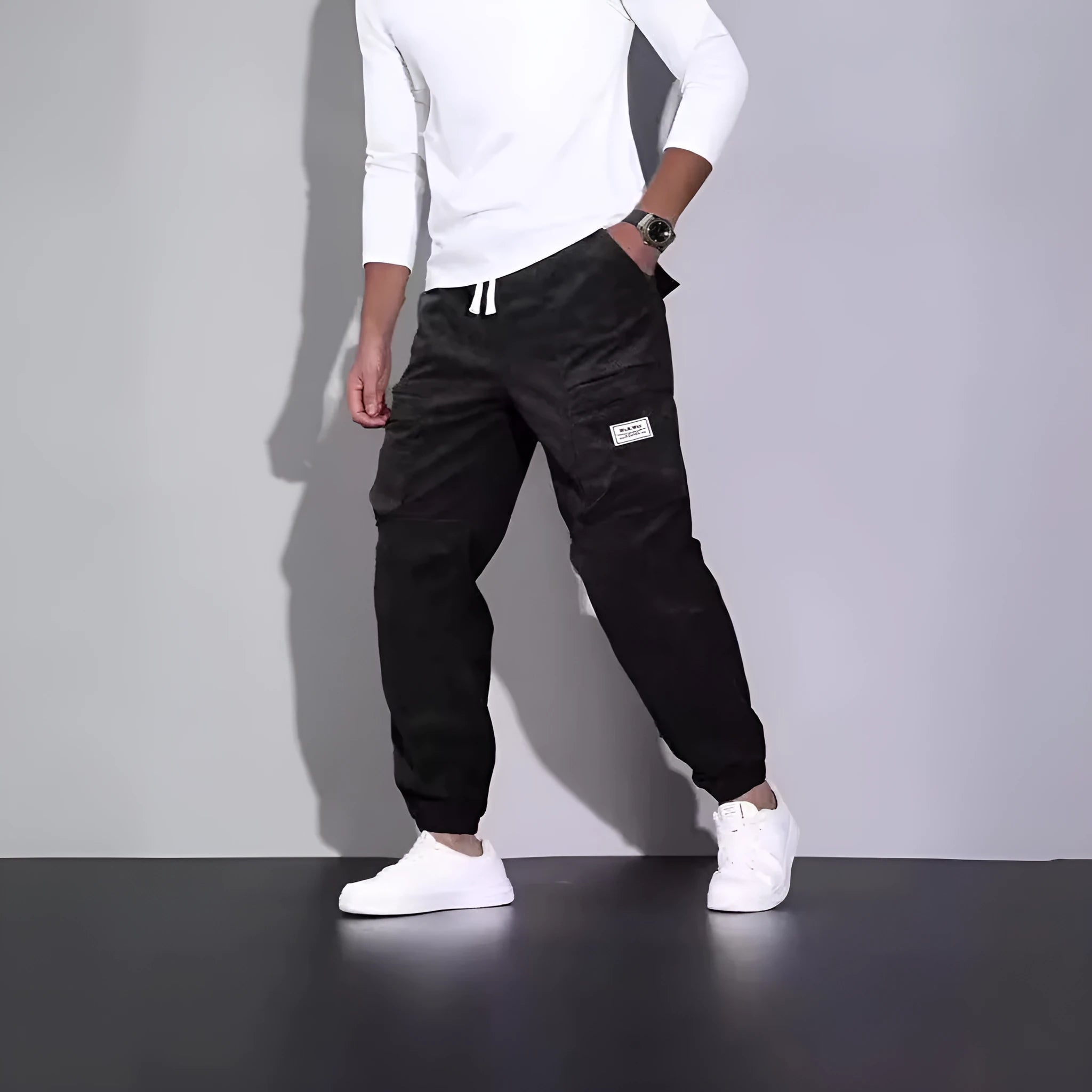 Men's corduroy overalls ankle-tied loose casual trousers multi-pocket solid colour available in black red army green brown grey
