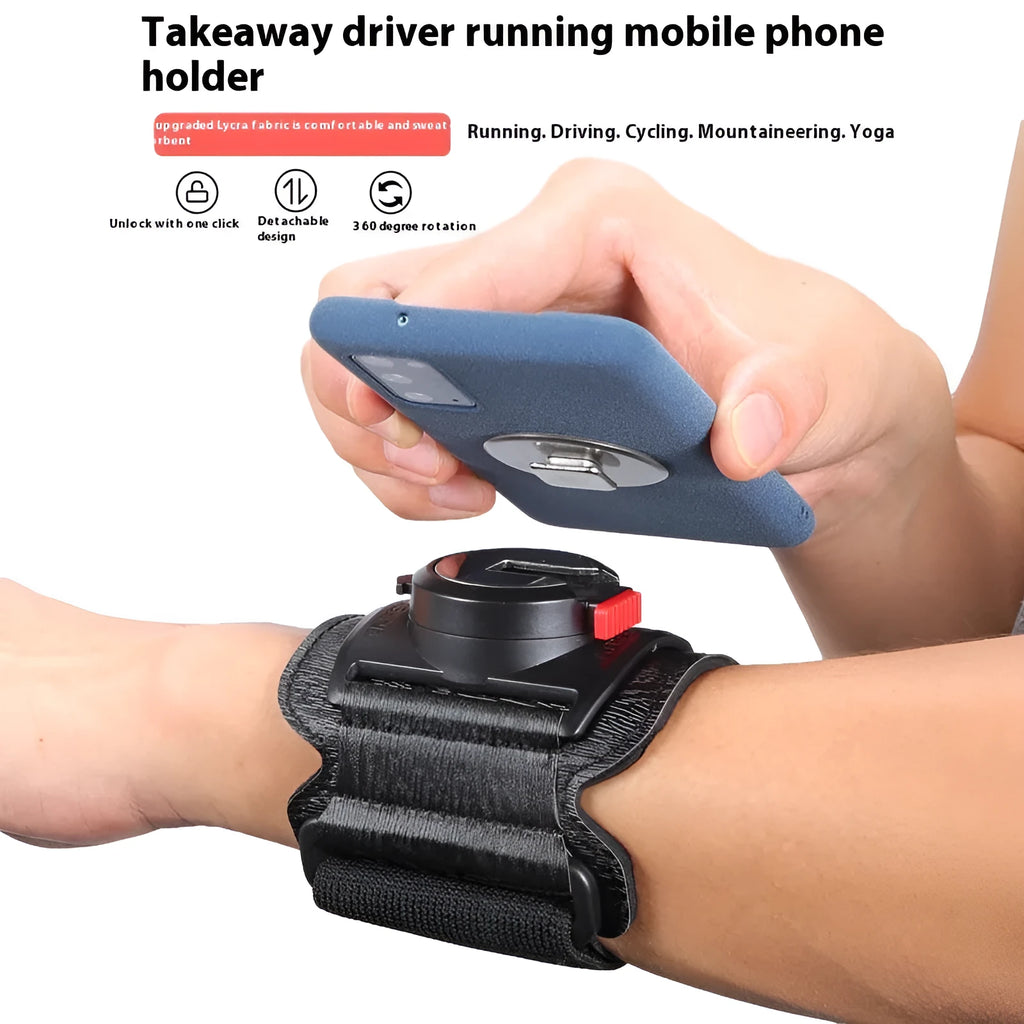 Black mobile phone arm strap holder suitable for sports and takeaway driving on a wrist.