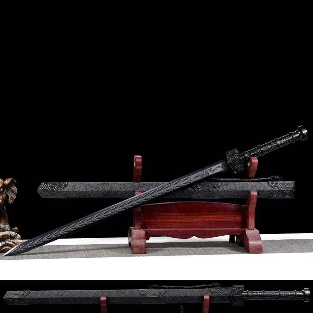 King Of Qin Sword with high manganese steel blade, 102cm overall, unsharpened, in leather-covered scabbard