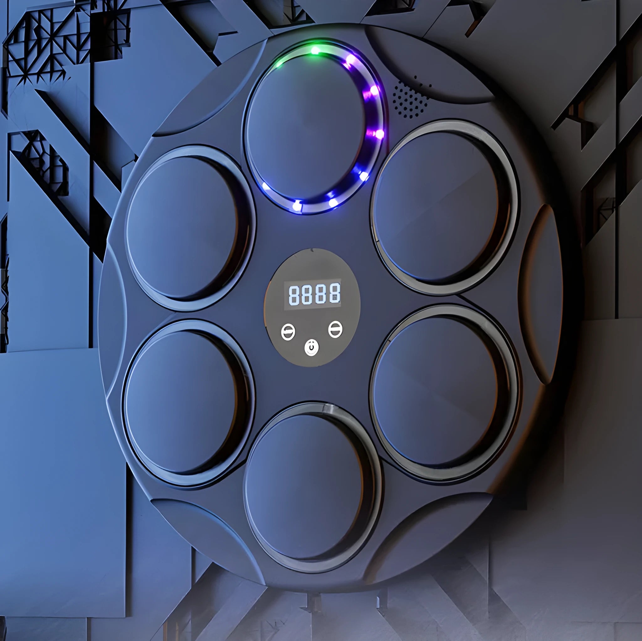 Black wall-mounted boxing target with coloured LED lights and Bluetooth connectivity for smart fitness training