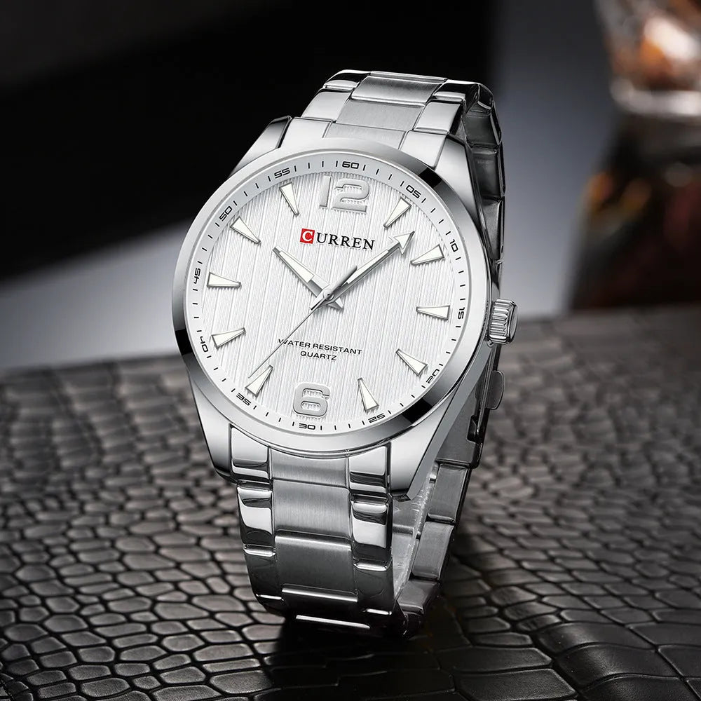 Men's business quartz watch with stainless steel strap, black shell blue colour, 11mm alloy case on display
