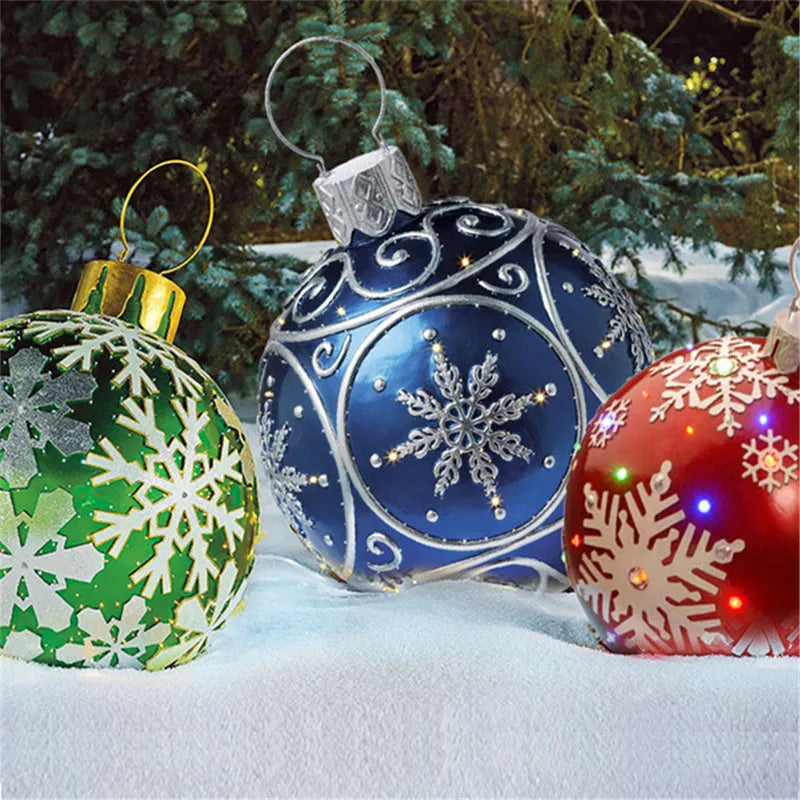 Large 60cm diameter inflatable PVC Christmas decoration ball in bright colours for outdoor use.