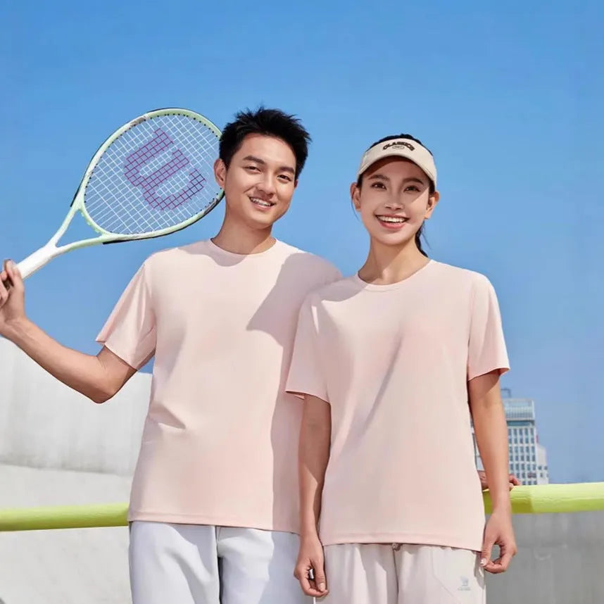 Men's solid colour loose-fit short sleeve polyester t-shirt on a hanger.