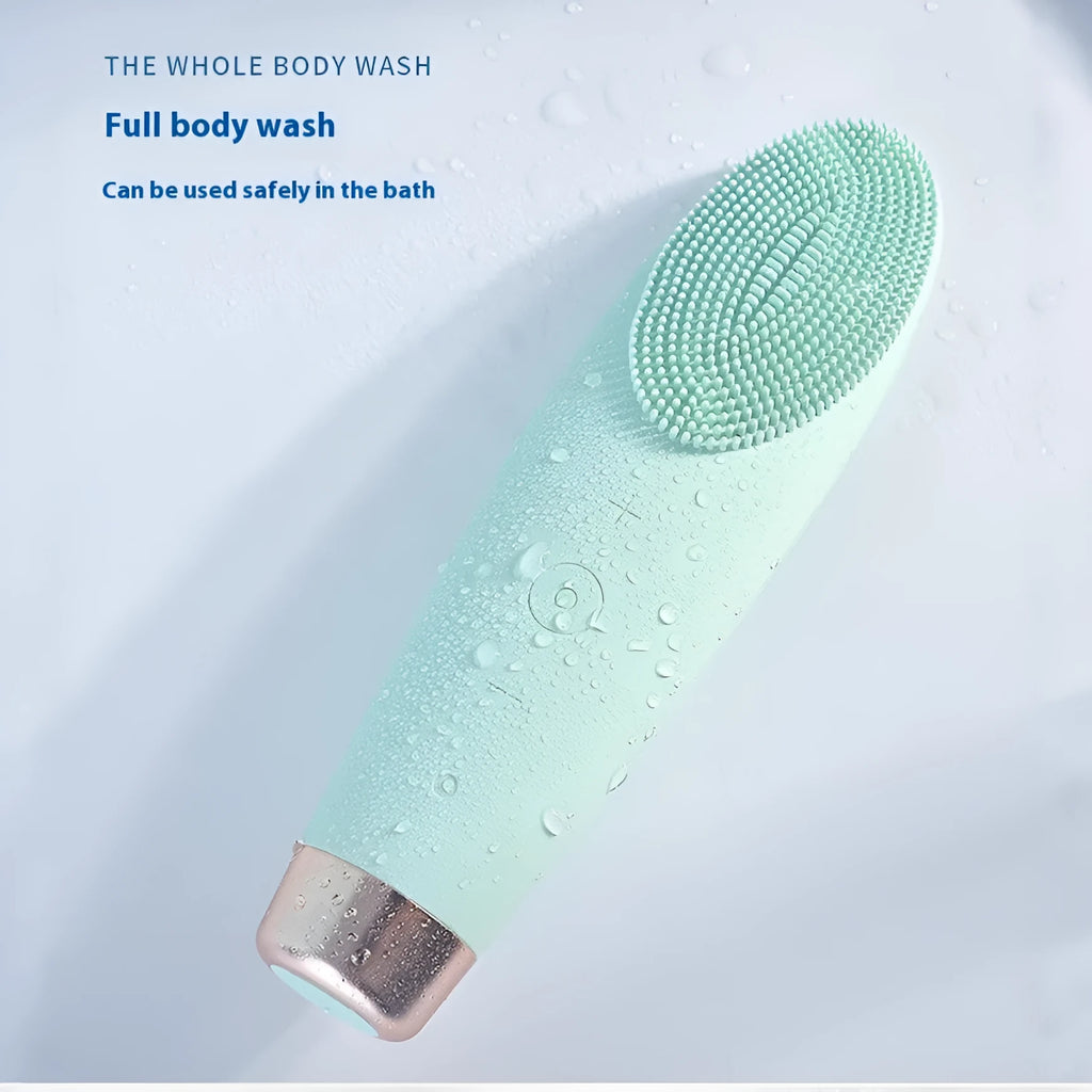 Green rechargeable silicone facial cleanser with seven speed settings and ABS body