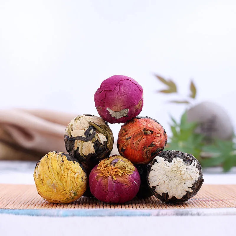 Gift box of six flavor flower tea with 18 tablets including jasmine, lily, peony, yellow chrysanthemum, rose, and chrysanthemum