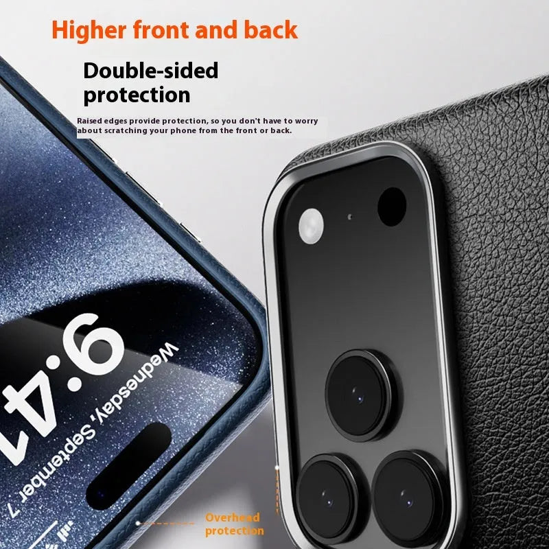 Black magnetic leather phone case for iPhone 17 Pro with electroplated finish