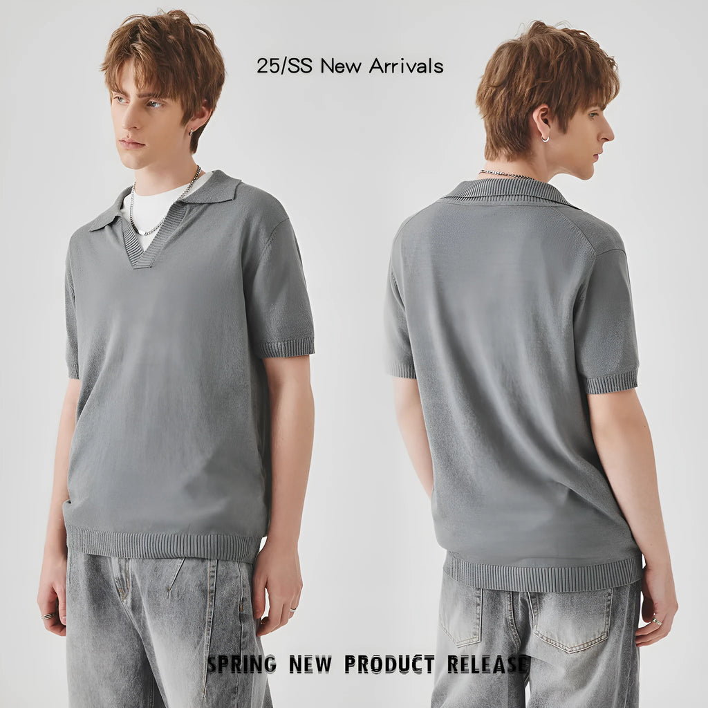 Summer knitted short-sleeved polo collar T-shirt in solid colour, acrylic blend, casual style, white colour front view