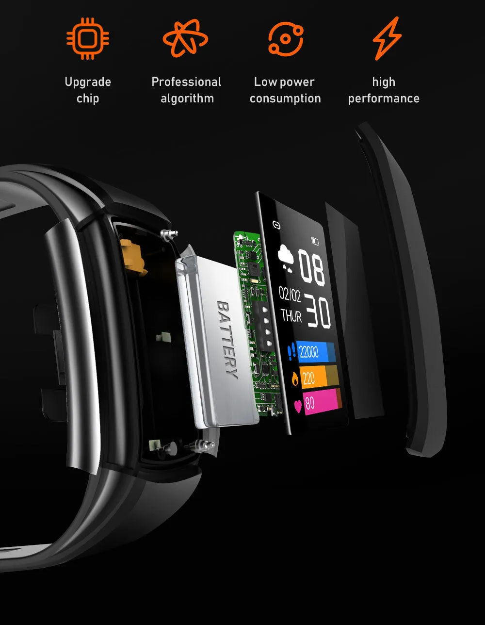 CT6 Smart Motion Meter Step Color Screen Bracelet in Black on wrist showing heart rate display