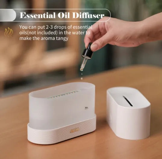 USB powered ultrasonic aroma diffuser with flame light, black, 180ml capacity, compact size