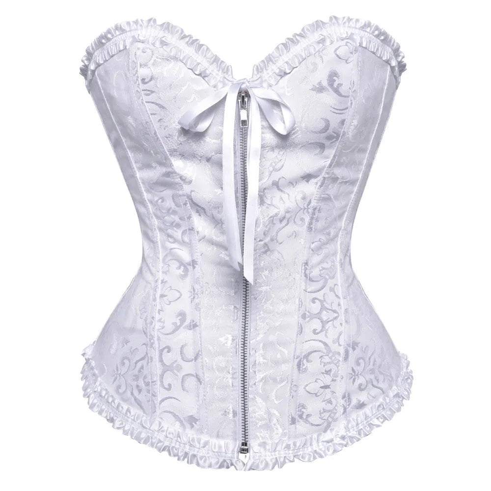 Women's black and red jacquard pattern corset with a front zipper fastening.