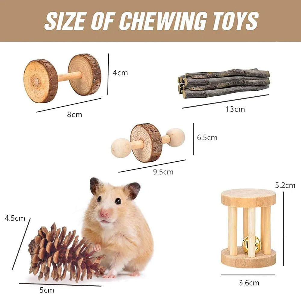 Assortment of wooden chew toys and natural fibre balls and mats for small pets like rabbits and parrots