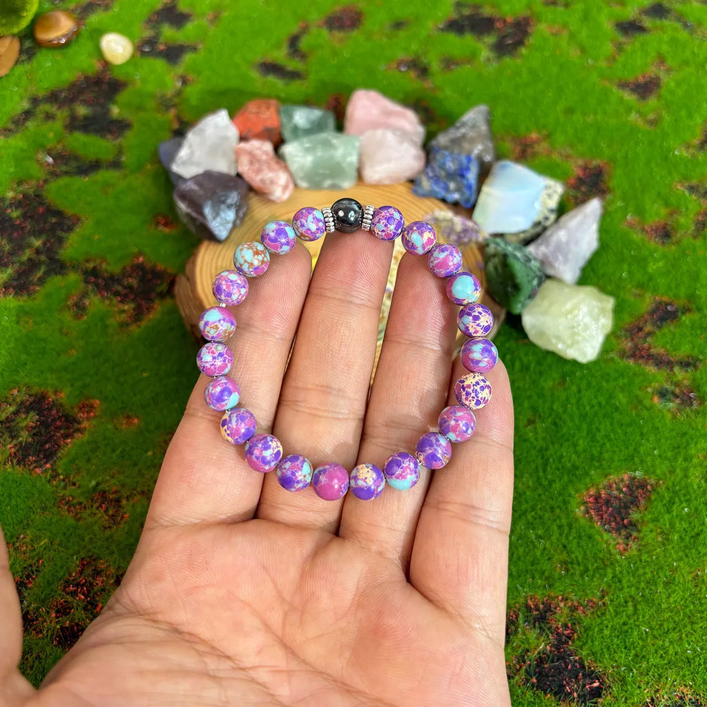 Natural stone beaded bracelet handmade elastic string 8mm glass coloured glaze beads transparent colour unisex