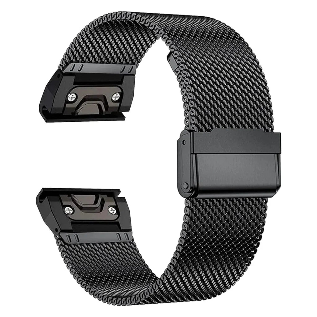Stainless steel metal replacement strap for Garmin Fenix smartwatch in silver, black, gold, and rose gold.